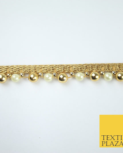 Matt Gold / Ivory Cream Pearl Beaded Ribbon Trim Border Lace - 1.5cm Wide - X585