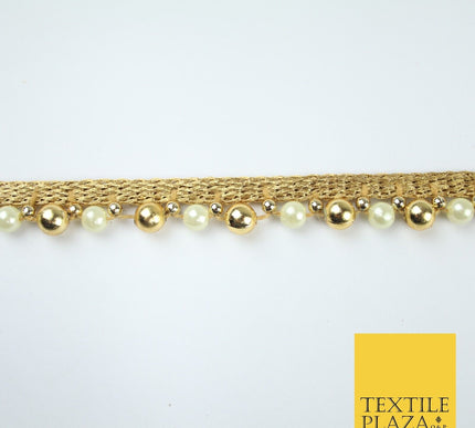 Matt Gold / Ivory Cream Pearl Beaded Ribbon Trim Border Lace - 1.5cm Wide - X585