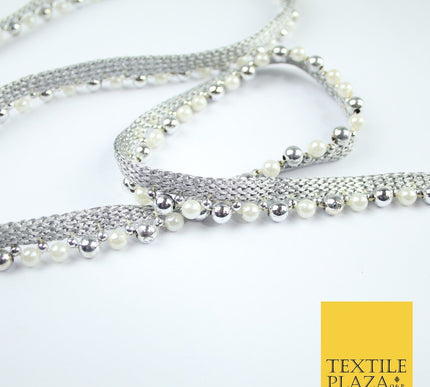 Silver Chrome / White Pearl Beaded Ribbon Trim Border Lace - 1.5cm Wide - X586