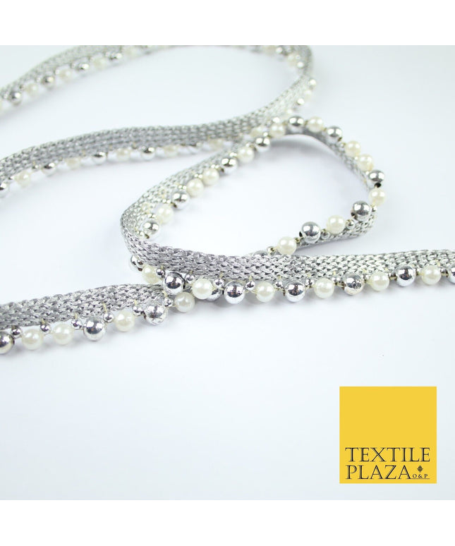 Silver Chrome / White Pearl Beaded Ribbon Trim Border Lace - 1.5cm Wide - X586
