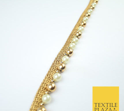 Gold / Ivory Cream Pearl Ball Beaded Ribbon Trim Border Lace - 1.5cm Wide - X588