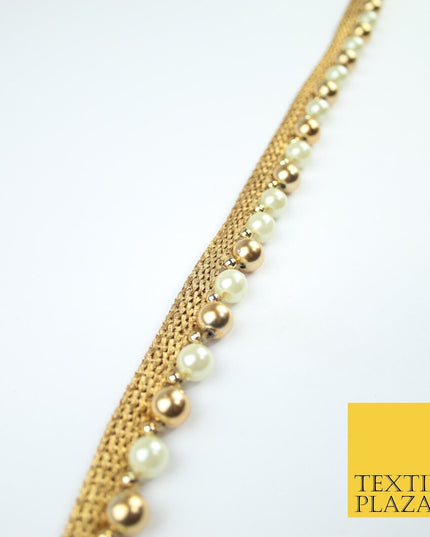 Gold / Ivory Cream Pearl Ball Beaded Ribbon Trim Border Lace - 1.5cm Wide - X588