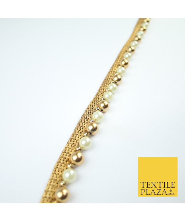 Gold / Ivory Cream Pearl Ball Beaded Ribbon Trim Border Lace - 1.5cm Wide - X588