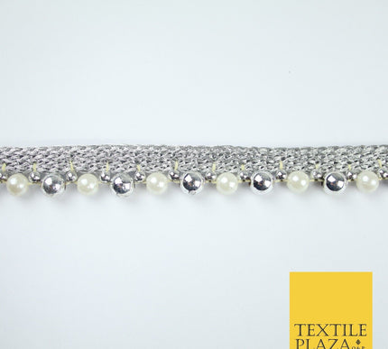 Silver Chrome / White Pearl Beaded Ribbon Trim Border Lace - 1.5cm Wide - X586
