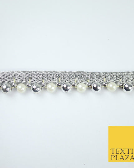 Silver Chrome / White Pearl Beaded Ribbon Trim Border Lace - 1.5cm Wide - X586
