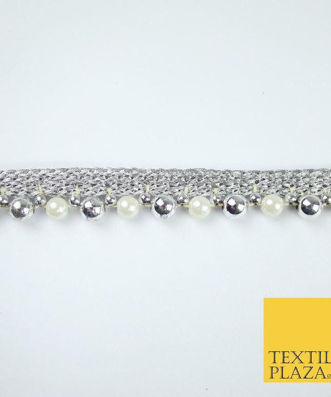 Silver Chrome / White Pearl Beaded Ribbon Trim Border Lace - 1.5cm Wide - X586