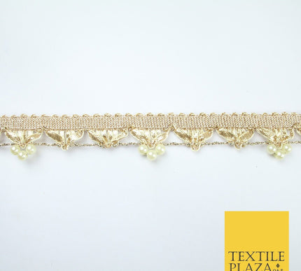 Gold Gota Patti Pearl Trio Clusters Ribbon Trim Border Lace - 2.5cm Wide - X606