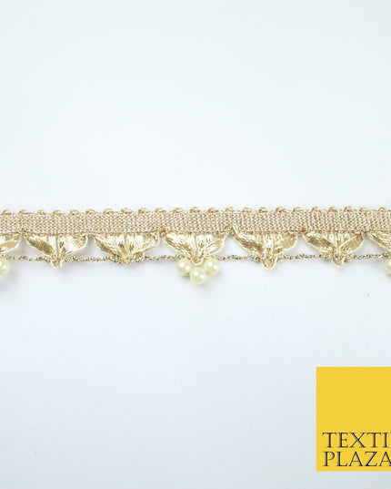 Gold Gota Patti Pearl Trio Clusters Ribbon Trim Border Lace - 2.5cm Wide - X606