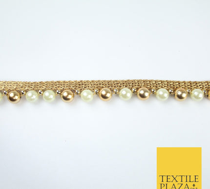 Gold / Ivory Cream Pearl Ball Beaded Ribbon Trim Border Lace - 1.5cm Wide - X588