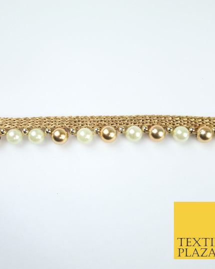 Gold / Ivory Cream Pearl Ball Beaded Ribbon Trim Border Lace - 1.5cm Wide - X588