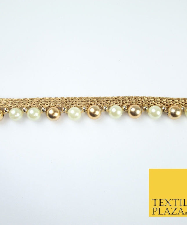 Gold / Ivory Cream Pearl Ball Beaded Ribbon Trim Border Lace - 1.5cm Wide - X588