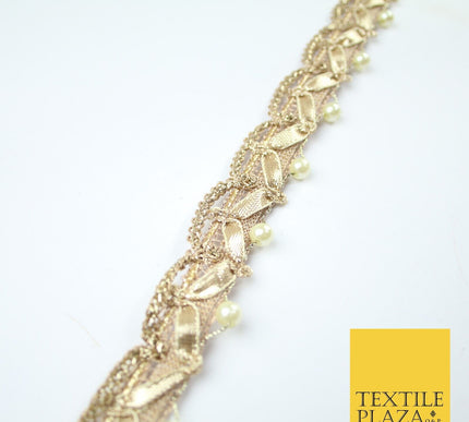 Gold Gota Patti Wishbone Swag Pearl Beaded Trim Border Lace - 2.5cm Wide - X607