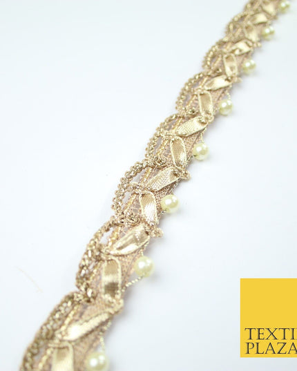 Gold Gota Patti Wishbone Swag Pearl Beaded Trim Border Lace - 2.5cm Wide - X607