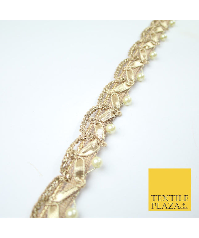Gold Gota Patti Wishbone Swag Pearl Beaded Trim Border Lace - 2.5cm Wide - X607
