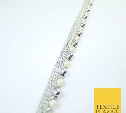 Silver Chrome / White Pearl Beaded Ribbon Trim Border Lace - 1.5cm Wide - X586
