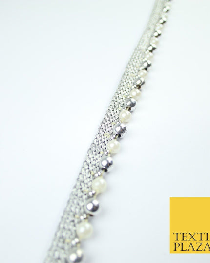 Silver Chrome / White Pearl Beaded Ribbon Trim Border Lace - 1.5cm Wide - X586