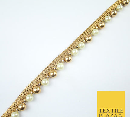Gold / Ivory Cream Pearl Ball Beaded Ribbon Trim Border Lace - 1.5cm Wide - X588