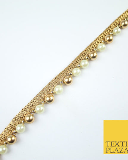 Gold / Ivory Cream Pearl Ball Beaded Ribbon Trim Border Lace - 1.5cm Wide - X588