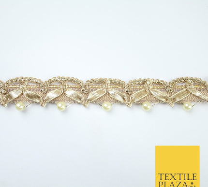 Gold Gota Patti Wishbone Swag Pearl Beaded Trim Border Lace - 2.5cm Wide - X607