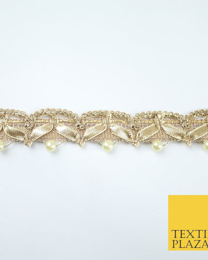 Gold Gota Patti Wishbone Swag Pearl Beaded Trim Border Lace - 2.5cm Wide - X607
