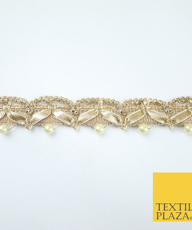 Gold Gota Patti Wishbone Swag Pearl Beaded Trim Border Lace - 2.5cm Wide - X607