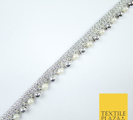 Silver Chrome / White Pearl Beaded Ribbon Trim Border Lace - 1.5cm Wide - X586