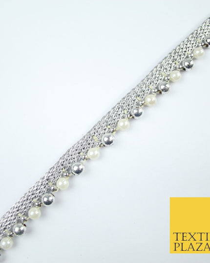 Silver Chrome / White Pearl Beaded Ribbon Trim Border Lace - 1.5cm Wide - X586