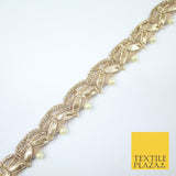 Gold Gota Patti Wishbone Swag Pearl Beaded Trim Border Lace - 2.5cm Wide - X607