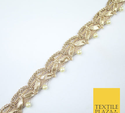Gold Gota Patti Wishbone Swag Pearl Beaded Trim Border Lace - 2.5cm Wide - X607