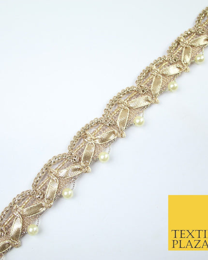 Gold Gota Patti Wishbone Swag Pearl Beaded Trim Border Lace - 2.5cm Wide - X607