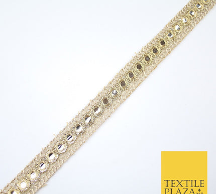 Stone Gold Single Row Mirror Effect Zari Net Trim Border Lace - 2cm Wide X619