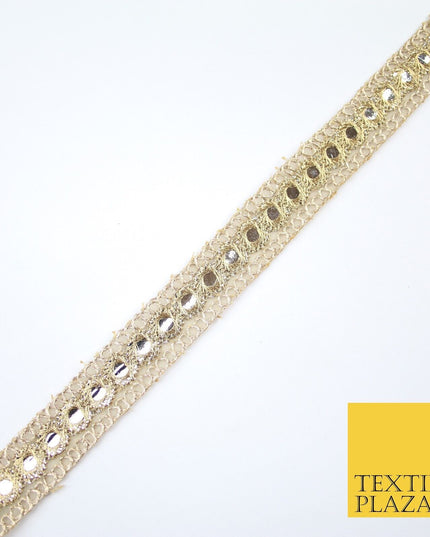 Stone Gold Single Row Mirror Effect Zari Net Trim Border Lace - 2cm Wide X619