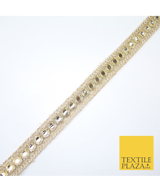 Stone Gold Single Row Mirror Effect Zari Net Trim Border Lace - 2cm Wide X619