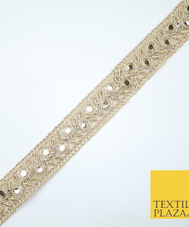 Gold Floral Vine Mirror Effect Zari Net Trim Border Lace - 2.5cm Wide - X618