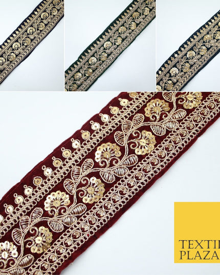 4 COLOURS - Ornate Fancy Embroidered Floral VELVET Trim Border Lace - 6cm Wide