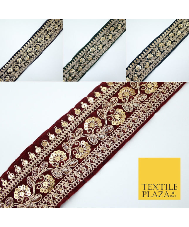 4 COLOURS - Ornate Fancy Embroidered Floral VELVET Trim Border Lace - 6cm Wide