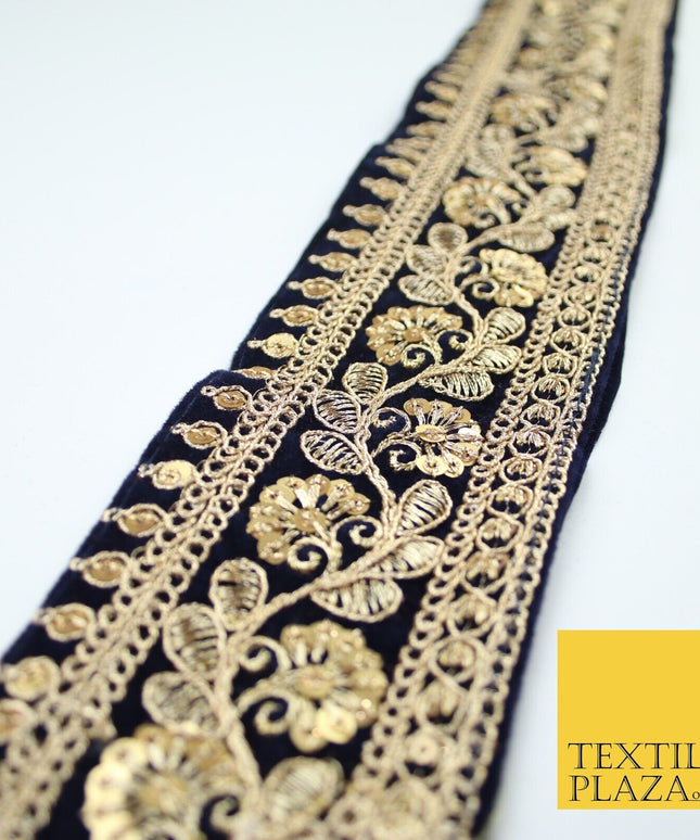 4 COLOURS - Ornate Fancy Embroidered Floral VELVET Trim Border Lace - 6cm Wide