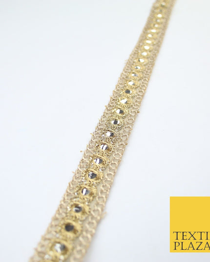 Stone Gold Single Row Mirror Effect Zari Net Trim Border Lace - 2cm Wide X619