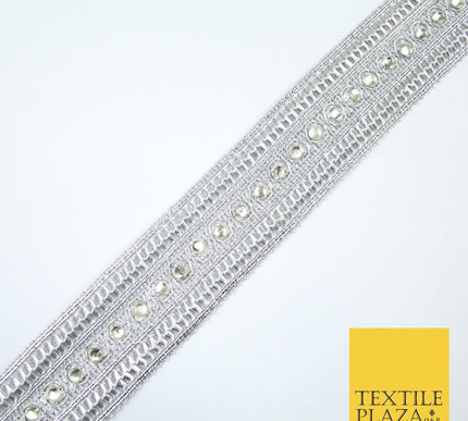 Silver Round Diamonte Double Band Metallic Trim Border Lace - 4.5cm Wide - X617