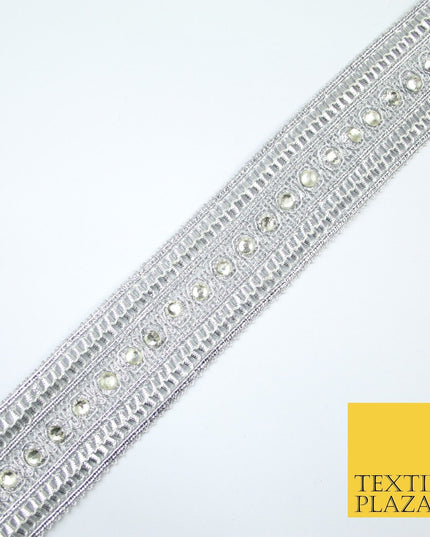 Silver Round Diamonte Double Band Metallic Trim Border Lace - 4.5cm Wide - X617