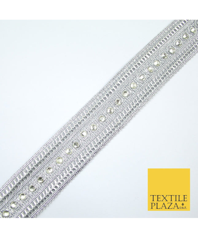 Silver Round Diamonte Double Band Metallic Trim Border Lace - 4.5cm Wide - X617