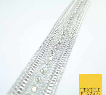 Silver Round Diamonte Double Band Metallic Trim Border Lace - 4.5cm Wide - X617