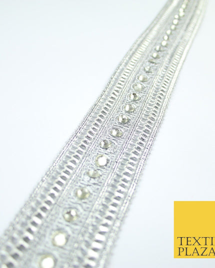 Silver Round Diamonte Double Band Metallic Trim Border Lace - 4.5cm Wide - X617