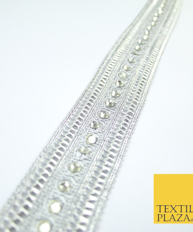 Silver Round Diamonte Double Band Metallic Trim Border Lace - 4.5cm Wide - X617