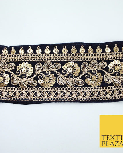 4 COLOURS - Ornate Fancy Embroidered Floral VELVET Trim Border Lace - 6cm Wide