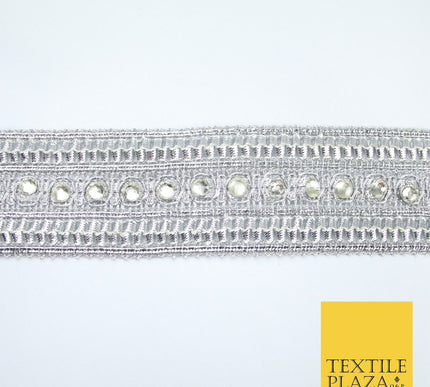 Silver Round Diamonte Double Band Metallic Trim Border Lace - 4.5cm Wide - X617