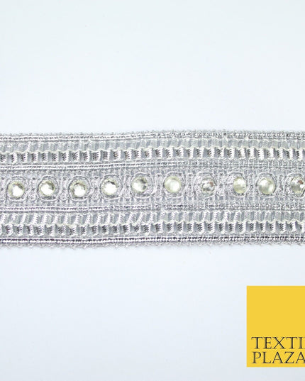 Silver Round Diamonte Double Band Metallic Trim Border Lace - 4.5cm Wide - X617
