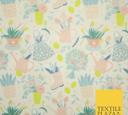 White Pastel Summer Flower Pots Garden Digital Print 100% Cotton Fabric 8228
