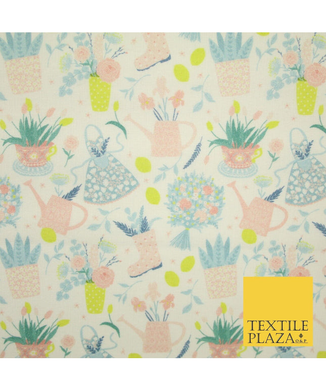 White Pastel Summer Flower Pots Garden Digital Print 100% Cotton Fabric 8228