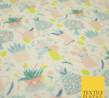 White Pastel Summer Flower Pots Garden Digital Print 100% Cotton Fabric 8228